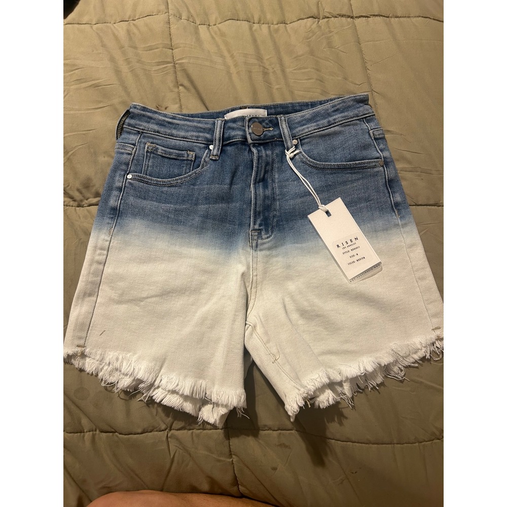 High-Rise Ombre Denim Shorts in Blue and White
